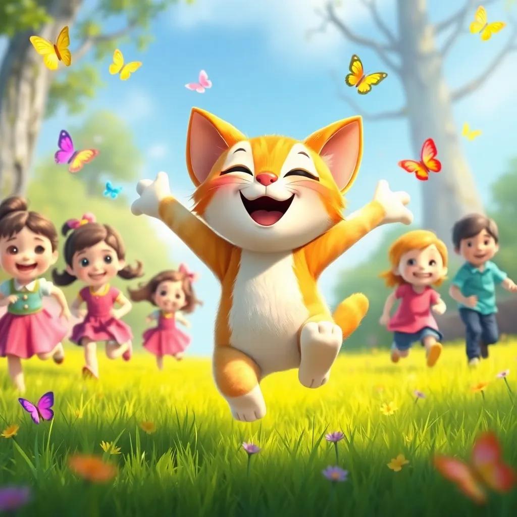 Mimo the cat jumping with joy and children running after him, bright green grass underfoot, colorful butterflies fluttering around, joyful expressions, playful vibe, illustration, colorful, child-friendly