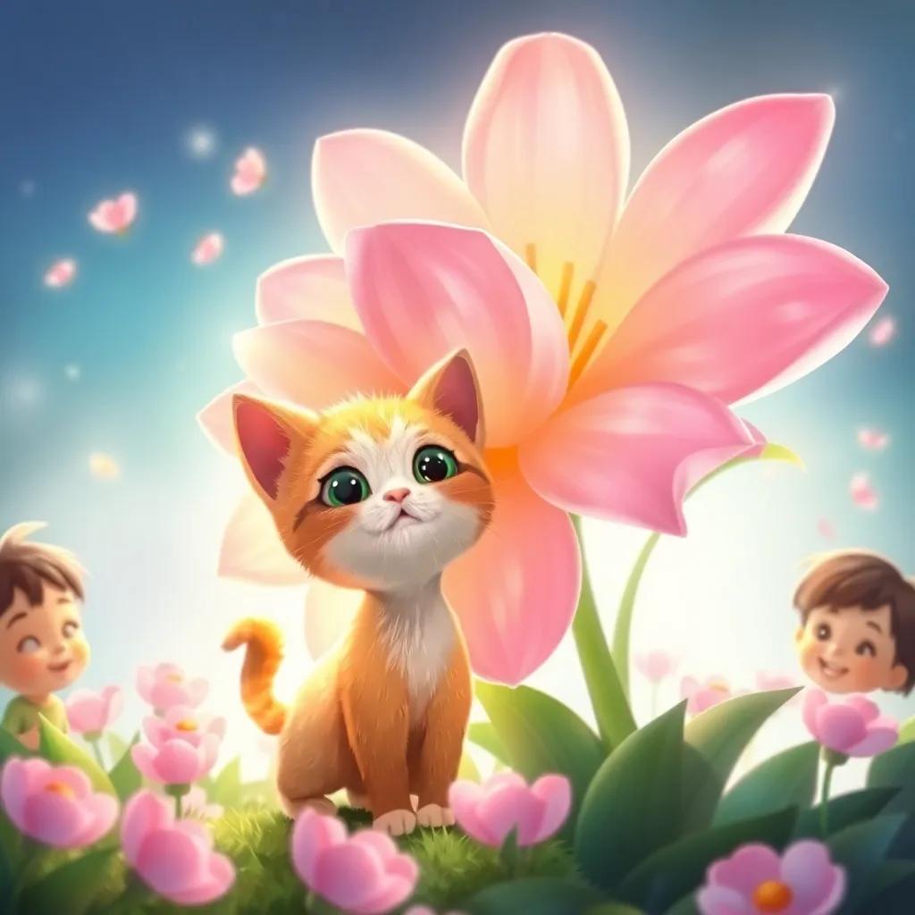 The small cat, Mimo, standing next to a beautiful flower in full bloom, surrounded by curious children, soft petals and greenery, bright and colorful, illustration, joyful and magical, inviting light