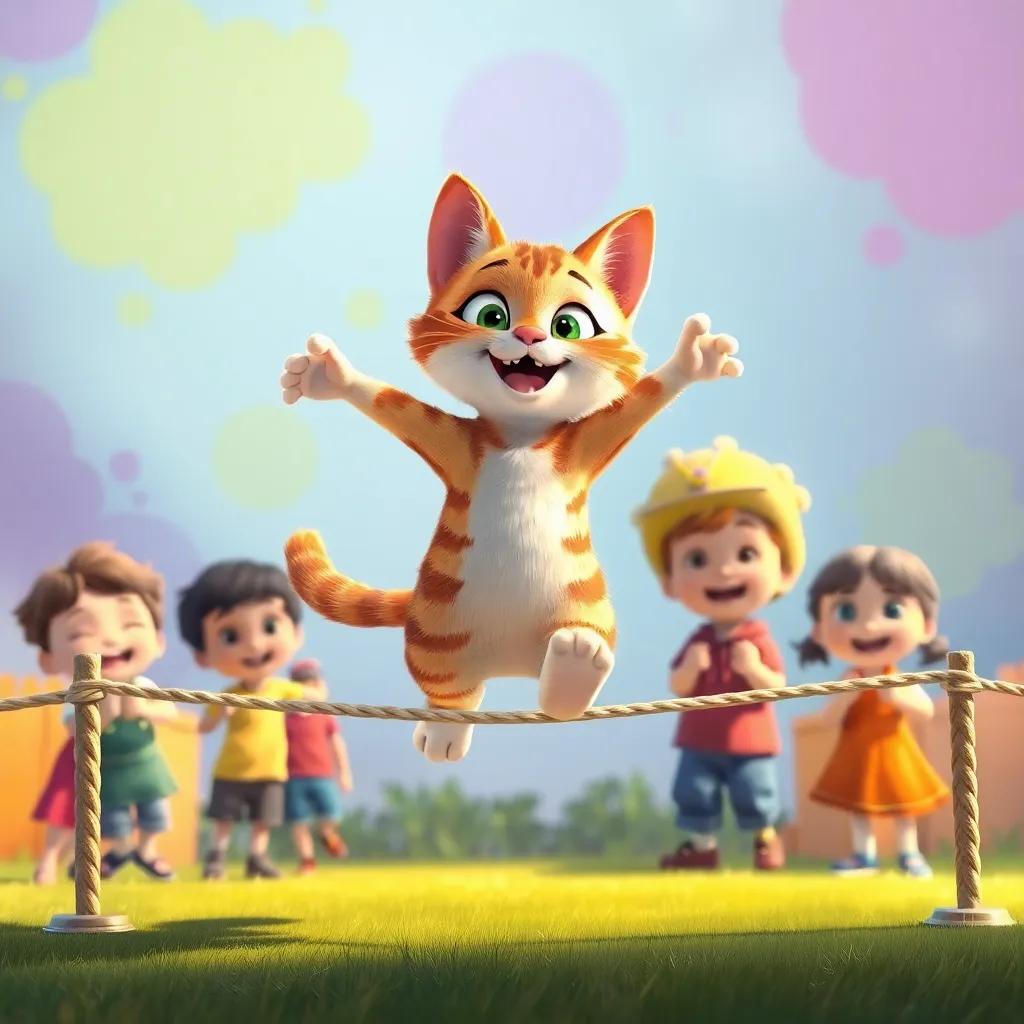 Mimo the cat, proudly jumping over a small rope that children have set up, with happy kids cheering him on, colorful background, lively and dynamic atmosphere, digital painting, cheerful, bright