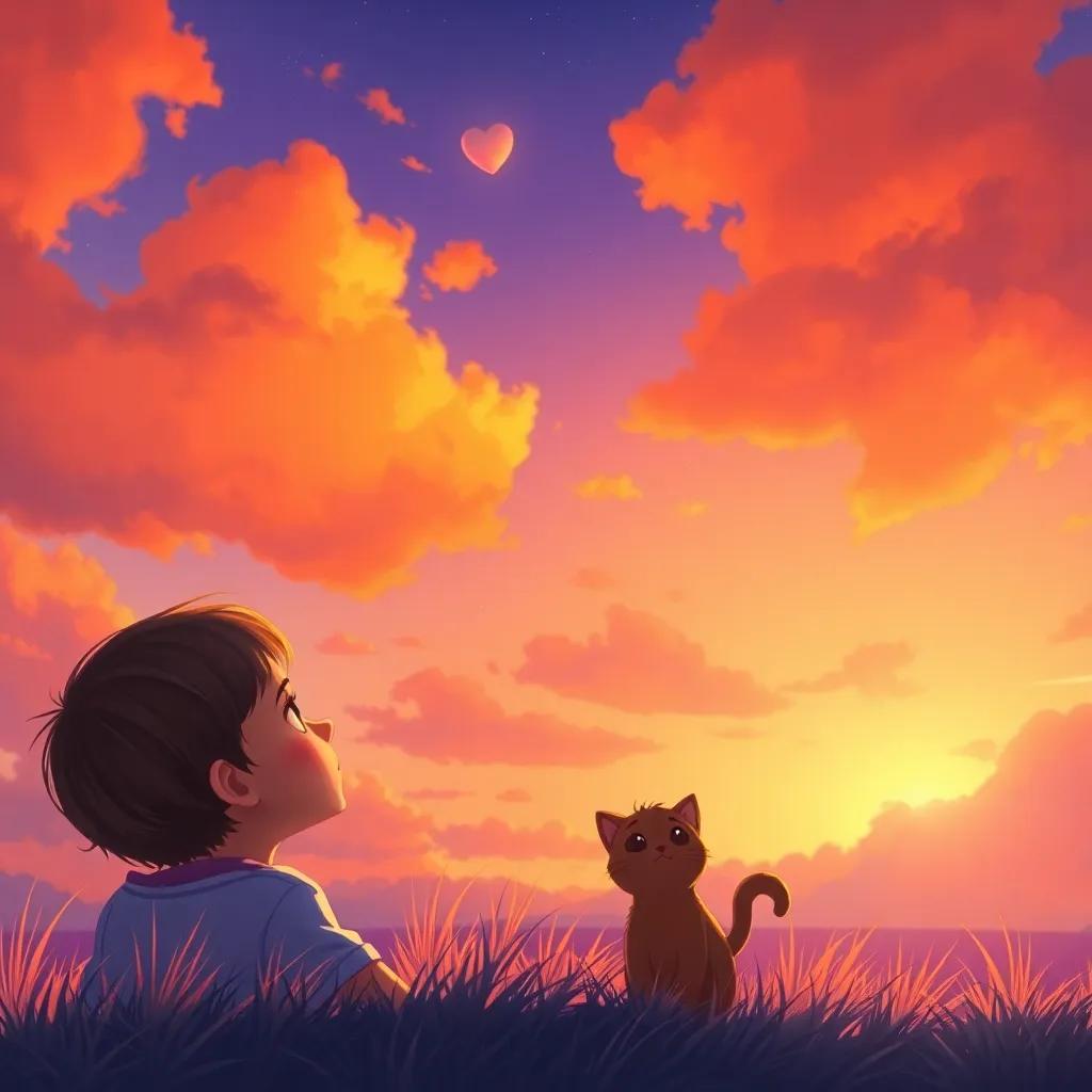 The sunset sky painted in oranges and purples, children looking up with wonder, small cat, Mimo, gazing at the colors, radiant glow in the atmosphere, warm and inviting, illustration, soft and heartwarming
