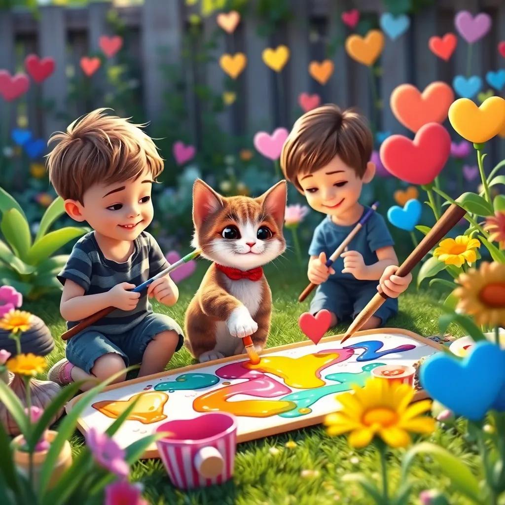 Children painting with large brushes in the garden, Mimo the cat dipping his paw in paint, colorful hearts and flowers being formed, joyful creativity in the scene, digital art, vibrant and fun, inviting light