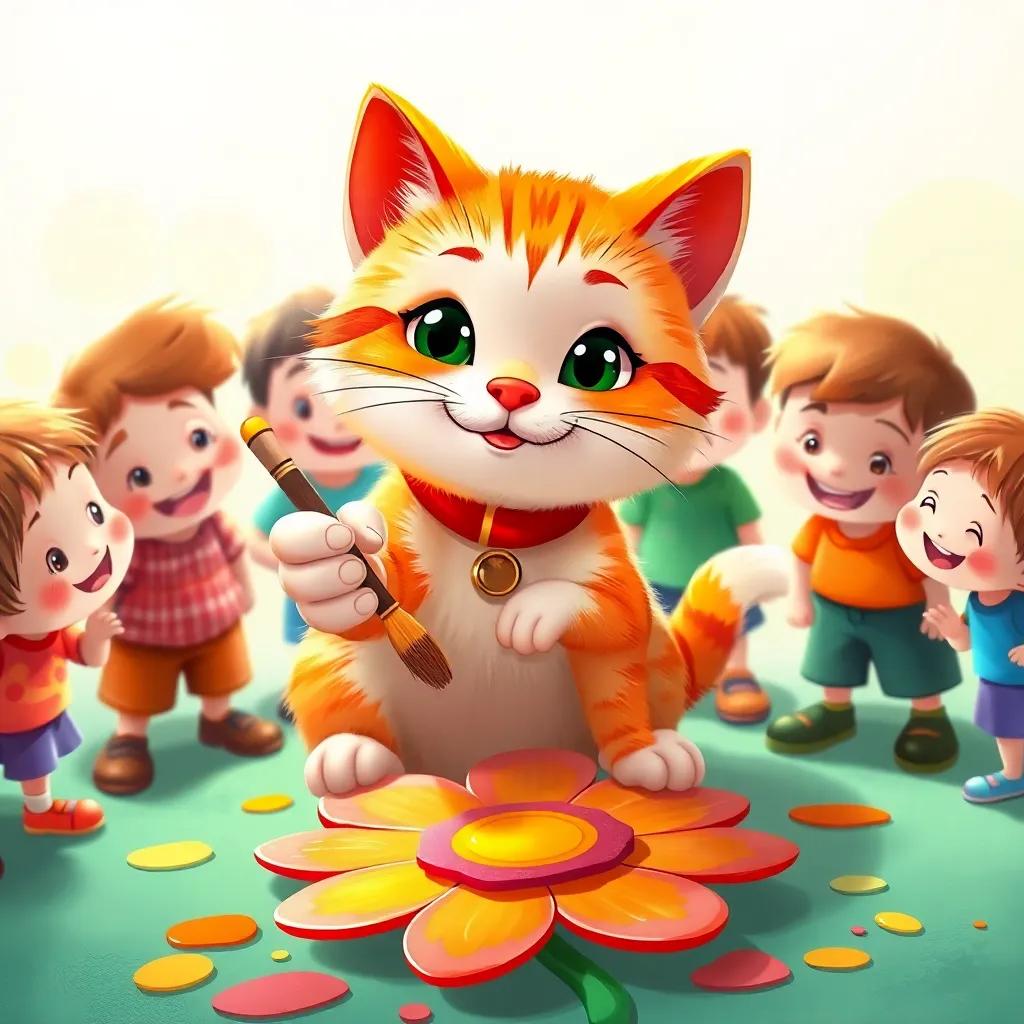Mimo the cat holding a small brush in his paw, surrounded by children, bright colors around them, painting a large flower on the ground, vibrant and colorful, playful scene, illustration, cheerful and engaging