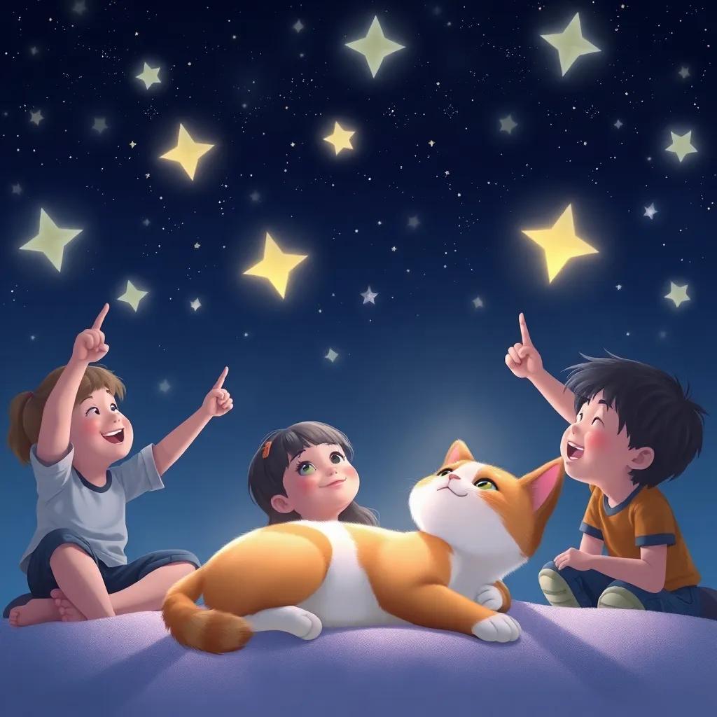 The dark sky full of bright shining stars, children pointing at the stars, Mimo the cat lying down and looking up with happiness, serene and magical atmosphere, digital painting, inviting light, child-friendly