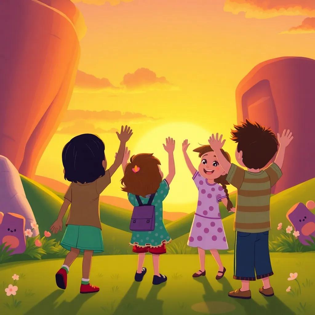 The happy children waving goodbye to Mimo at dusk, colorful landscape with warm colors, Mimo waving back, joyous expressions, animated and heartwarming scene, illustration, cheerful and loving