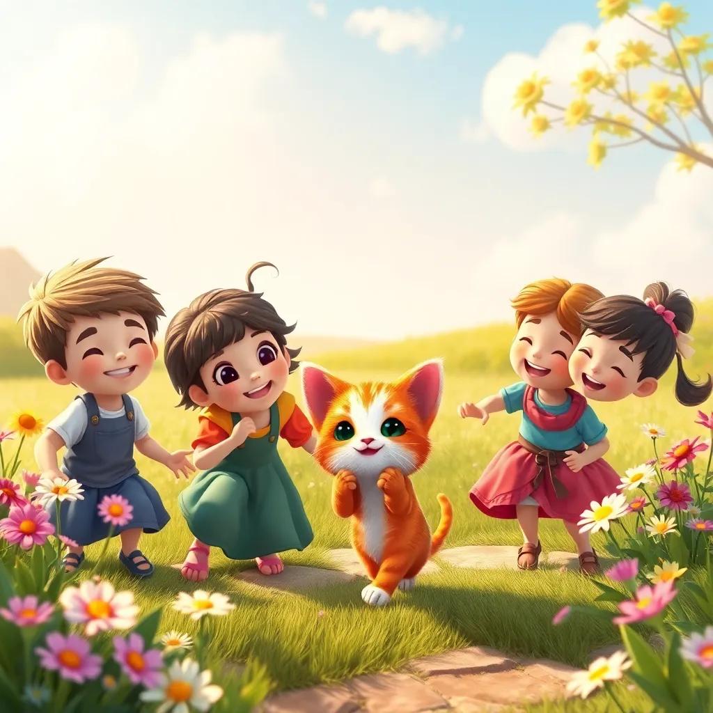 A heartwarming scene of Mimo the small cat and the cheerful children playing together in a beautiful open space, surrounded by flowers and nature, joyful expressions, vibrant colors, high quality, digital art