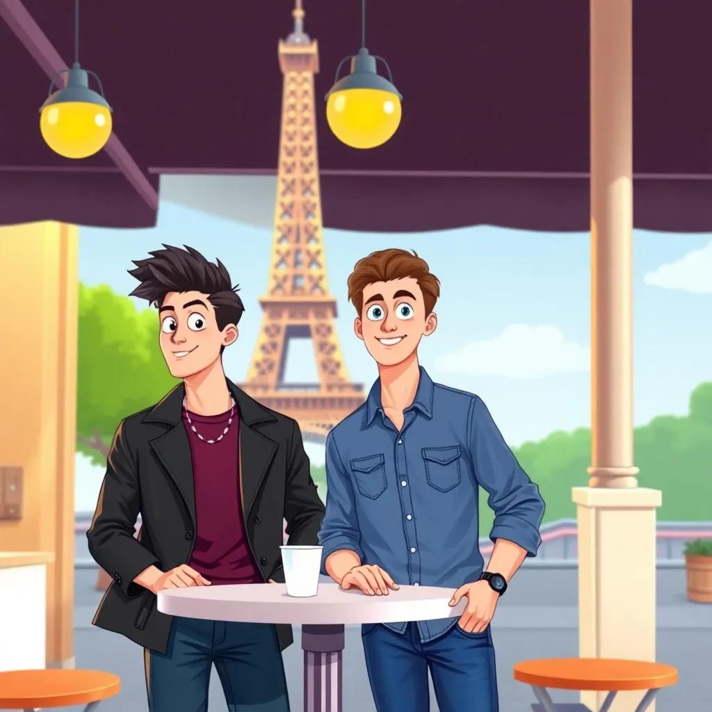 Two young men in Paris, Luca and Alex, one is a designer wearing a chic outfit and the other is a writer in a casual shirt, standing at a café table with the Eiffel Tower in the background, digital art, vibrant colors, cheerful atmosphere, high quality