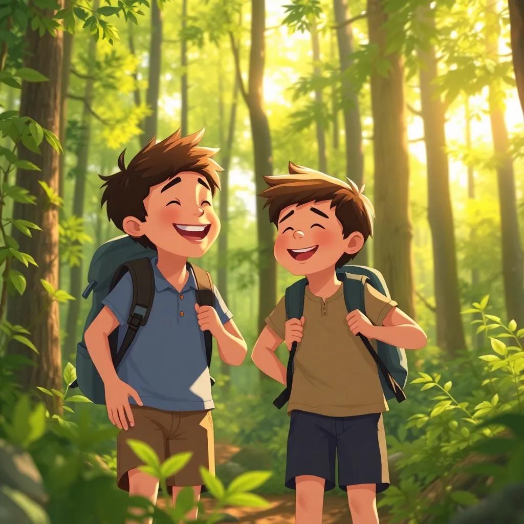 Luca and Alex during a forest hike, laughing, surrounded by green trees, with sunlight filtering through the leaves, feeling free and adventurous, illustration, warm light, joyful mood, child-friendly