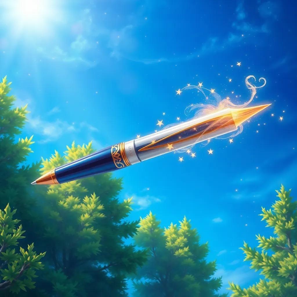 A magical pen floating in a bright blue sky, surrounded by twinkling stars and gentle green trees, detailed digital art, vibrant colors, inviting atmosphere, high quality