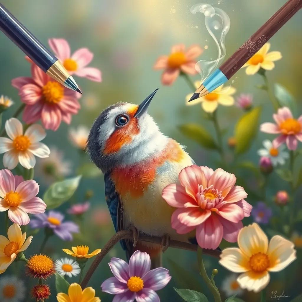 A small colorful bird chirping among blooming flowers, looking up at the magical pen with curiosity, cheerful scene, bright colors, nature perspective, child-friendly