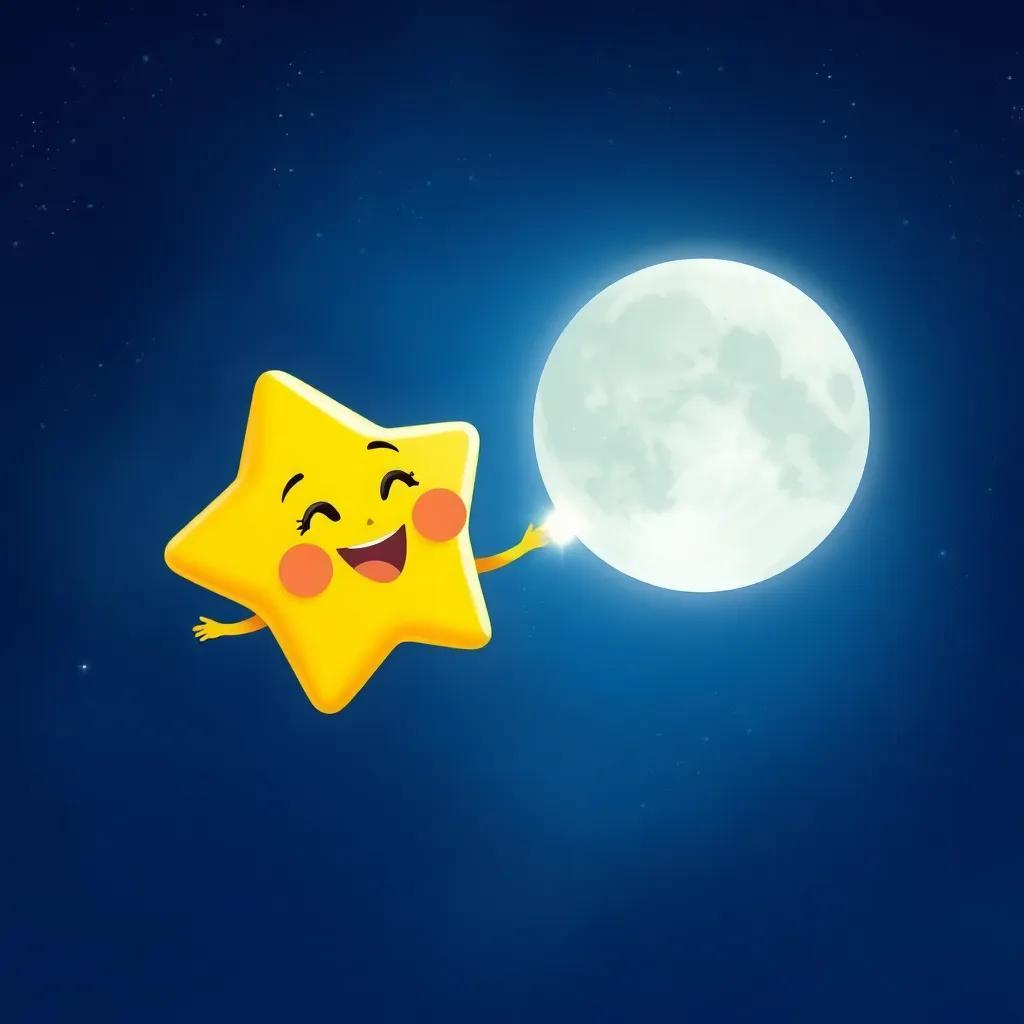 A joyful small star, sparkling brightly, beside the moon in the night sky, as they celebrate their new friendship, cheerful illustration, magical colors, vibrant atmosphere, high quality