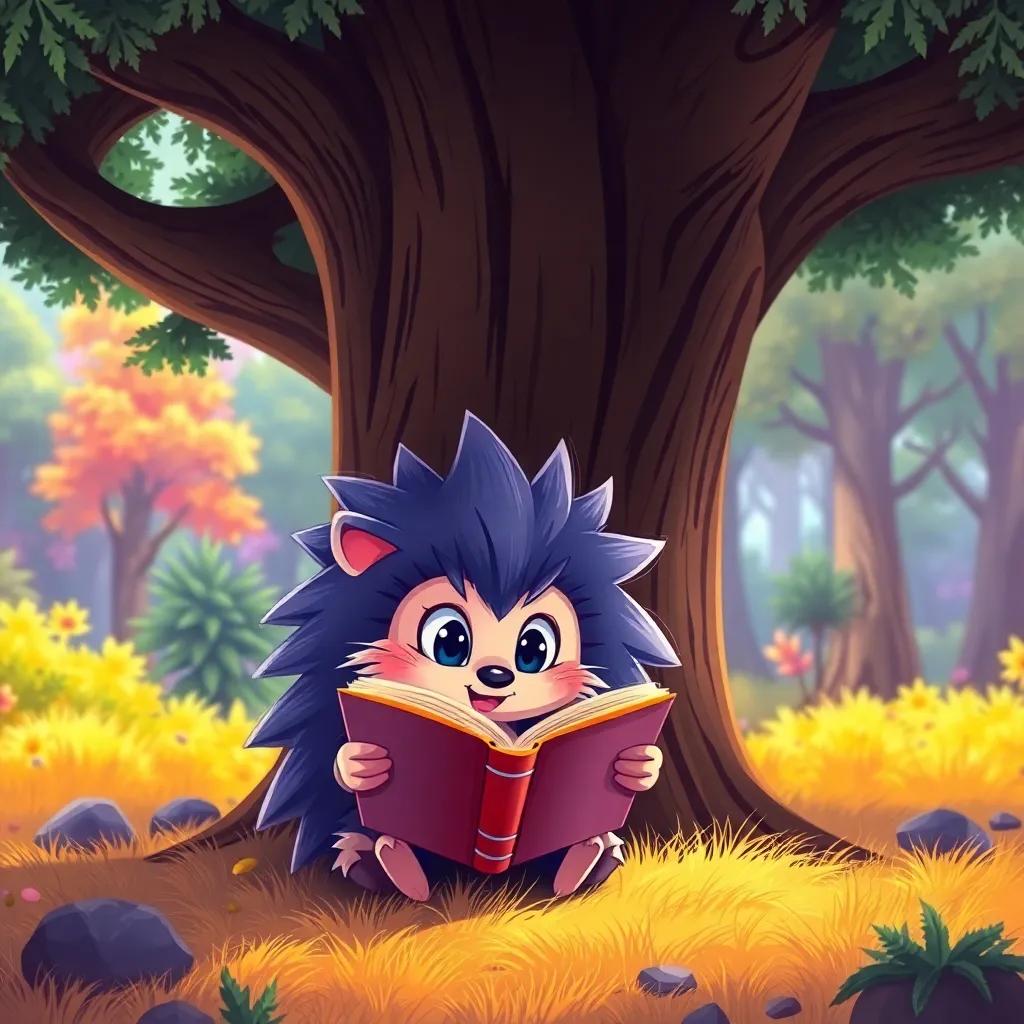 A hedgehog, Loni, reading an exciting book under a big tree, looking curious and eager, vibrant forest in the background, digital art, cheerful atmosphere, bright colors, high quality
