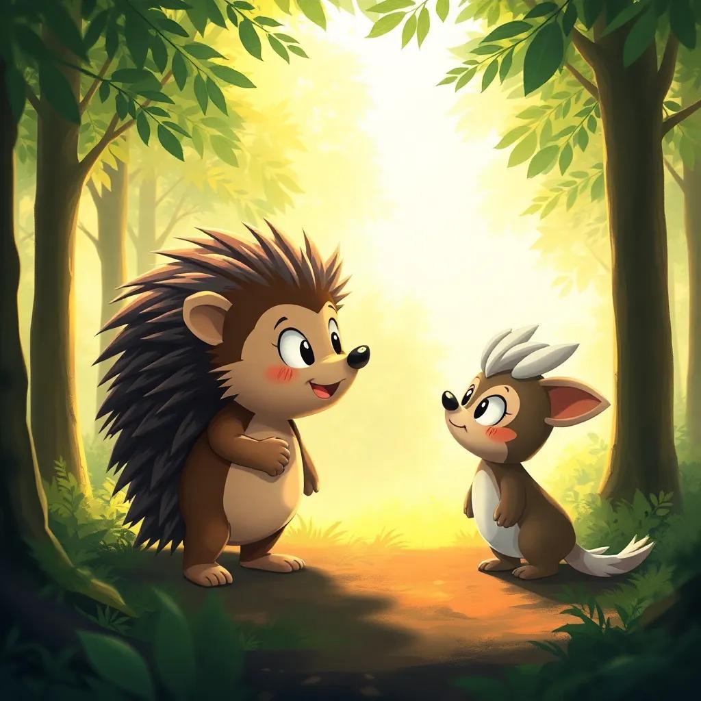 A hedgehog, Soni, meeting Loni in the woods, both looking surprised yet happy, sharing the moment of discovery, lush green trees surrounding them, digital painting, warm light, inviting scene, high quality