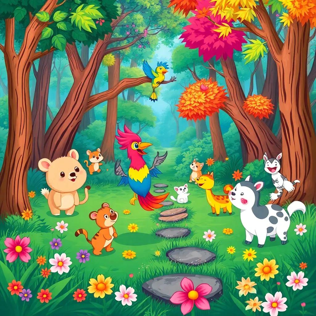 A vibrant forest scene where various animals, including a beautiful bird, are playing joyfully, colorful trees and flowers fill the background, digital art, lively colors, cheerful atmosphere, high quality