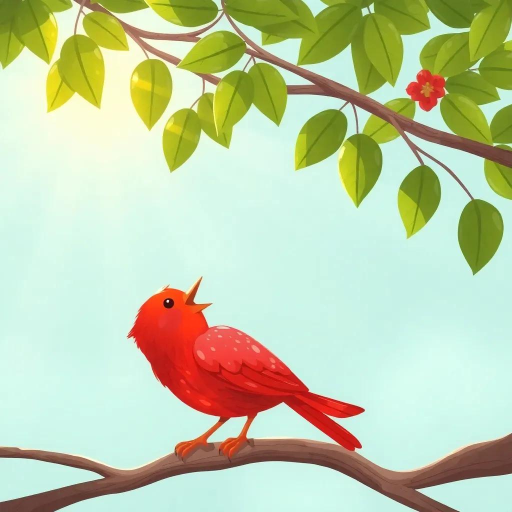 A bright red bird with shiny feathers singing on a branch, sunlight shining through leaves above, showcasing the beauty of nature, illustration, cheerful mood, child-friendly