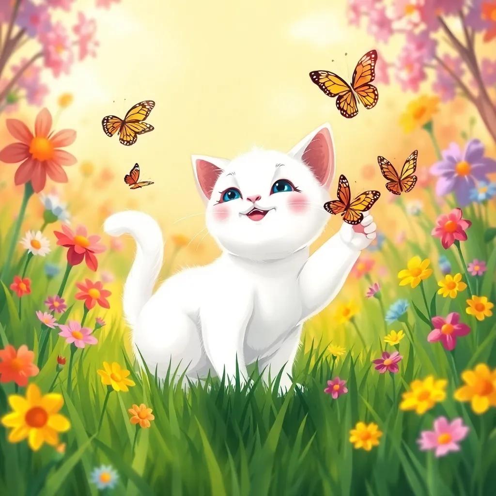 A cute white cat playing with butterflies in a sunny meadow, surrounded by colorful flowers and green grass, digital painting, fun colors, playful perspective, heartwarming