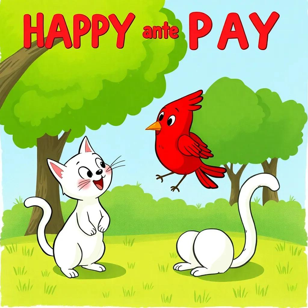 The white cat inviting the red bird to play, both animals looking happy and playful, with green trees and a blue sky in the background, illustration, joyful atmosphere, bright