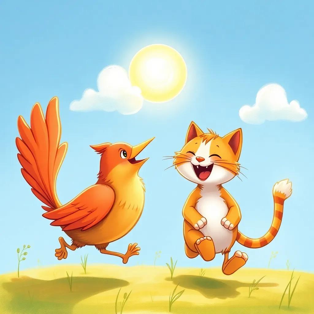 The bird and cat playing together under the sun, running and laughing, with a clear blue sky and fluffy white clouds, detailed art, cheerful colors, lively