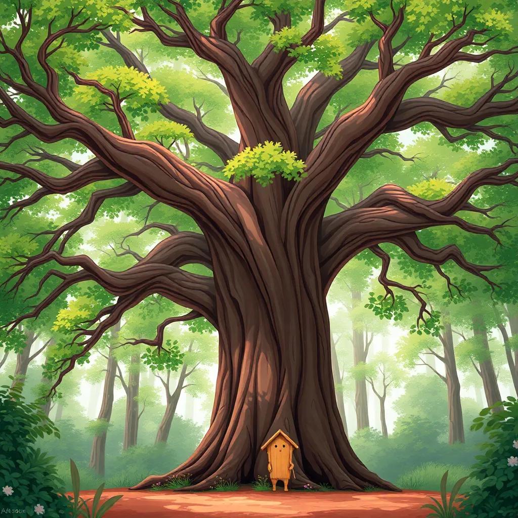 A large, majestic tree standing tall in the forest, with wide branches filled with green leaves, providing shade and beauty, digital art, realistic colors, serene setting, high quality