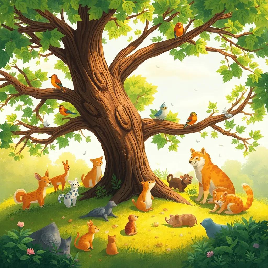 The tree surrounded by various animals enjoying its shade, birds perched in the branches, and a gentle breeze, illustration, warm colors, peaceful ambiance, detailed