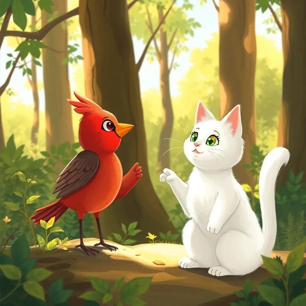 The red bird explaining to the white cat about the importance of trees, both looking interested, in a sunny forest setting, digital painting, warm light, engaging