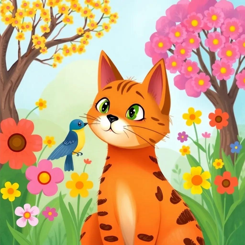 The cat listening attentively to the bird, with vibrant flowers and trees in the background, filled with life, child-friendly style, playful