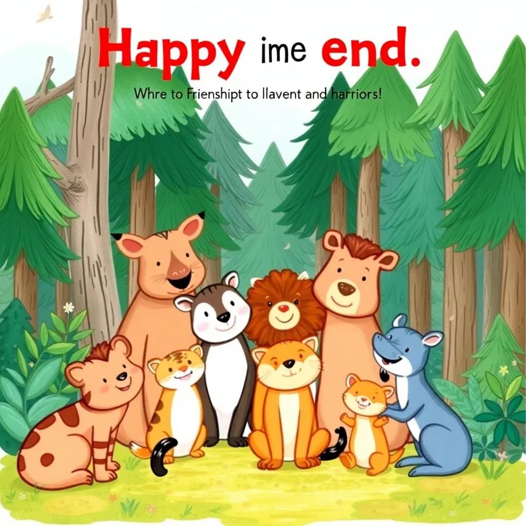 The happy ending scene where all the animals are together, smiling and enjoying their time in the forest, conveying friendship and harmony, colorful, heartwarming, uplifting