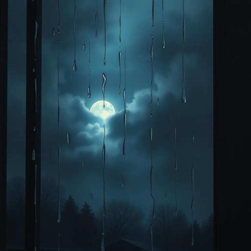 A dark, cold night scene with rain gently tapping on a window, showing a hint of the hidden moon behind clouds, digital art, soft hues, calming atmosphere, high quality, serene mood