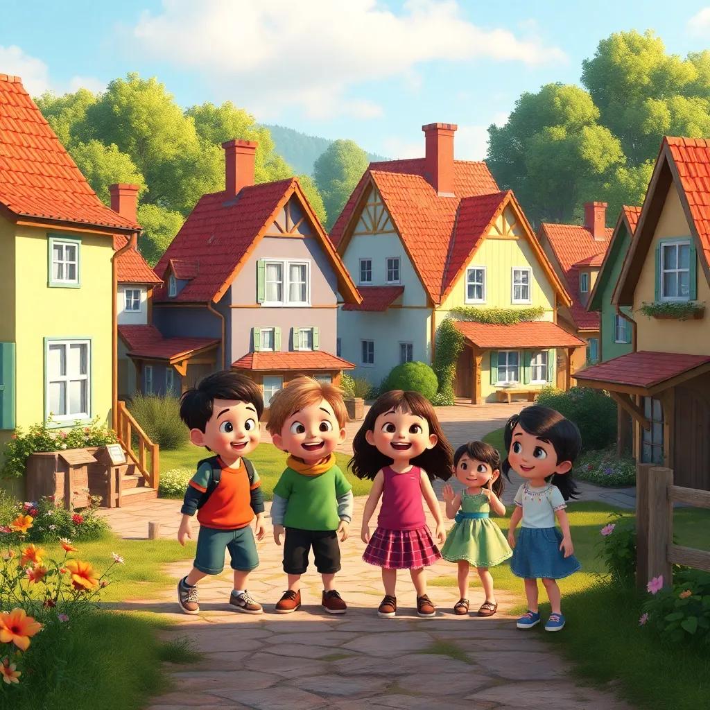A warm village scene with kids playing together during the day, colorful houses, trees, and laughter in the air, digital art, cheerful atmosphere, bright colors, inviting ambiance, high quality
