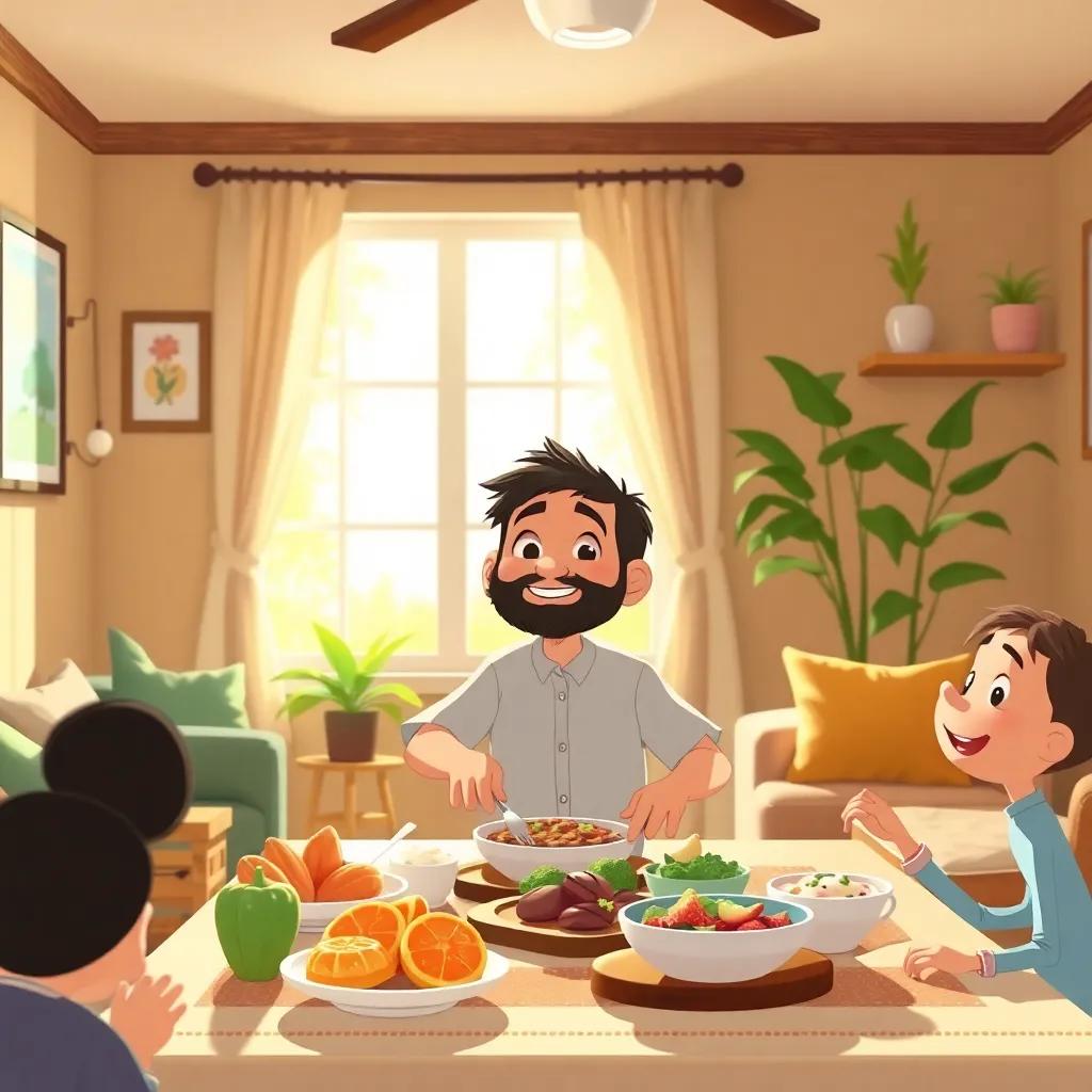 A cozy living room where Sami, wearing a simple shirt, serves delicious food to his friends, with bright sunlight shining through the window, illustration, friendly, heartwarming