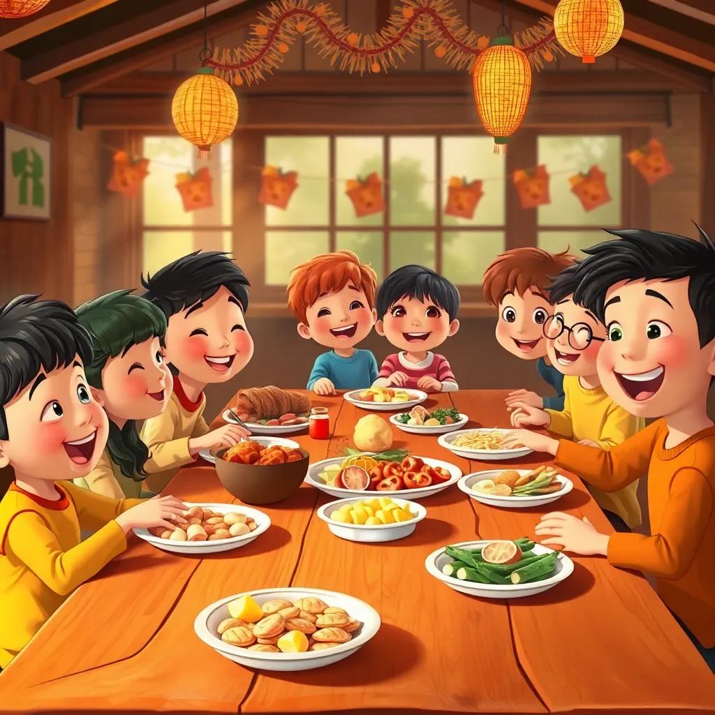 A group of children happily sharing a meal at a big wooden table, with laughter and joy in their expressions, surrounded by food and warm decorations, colorful, festive, community vibe