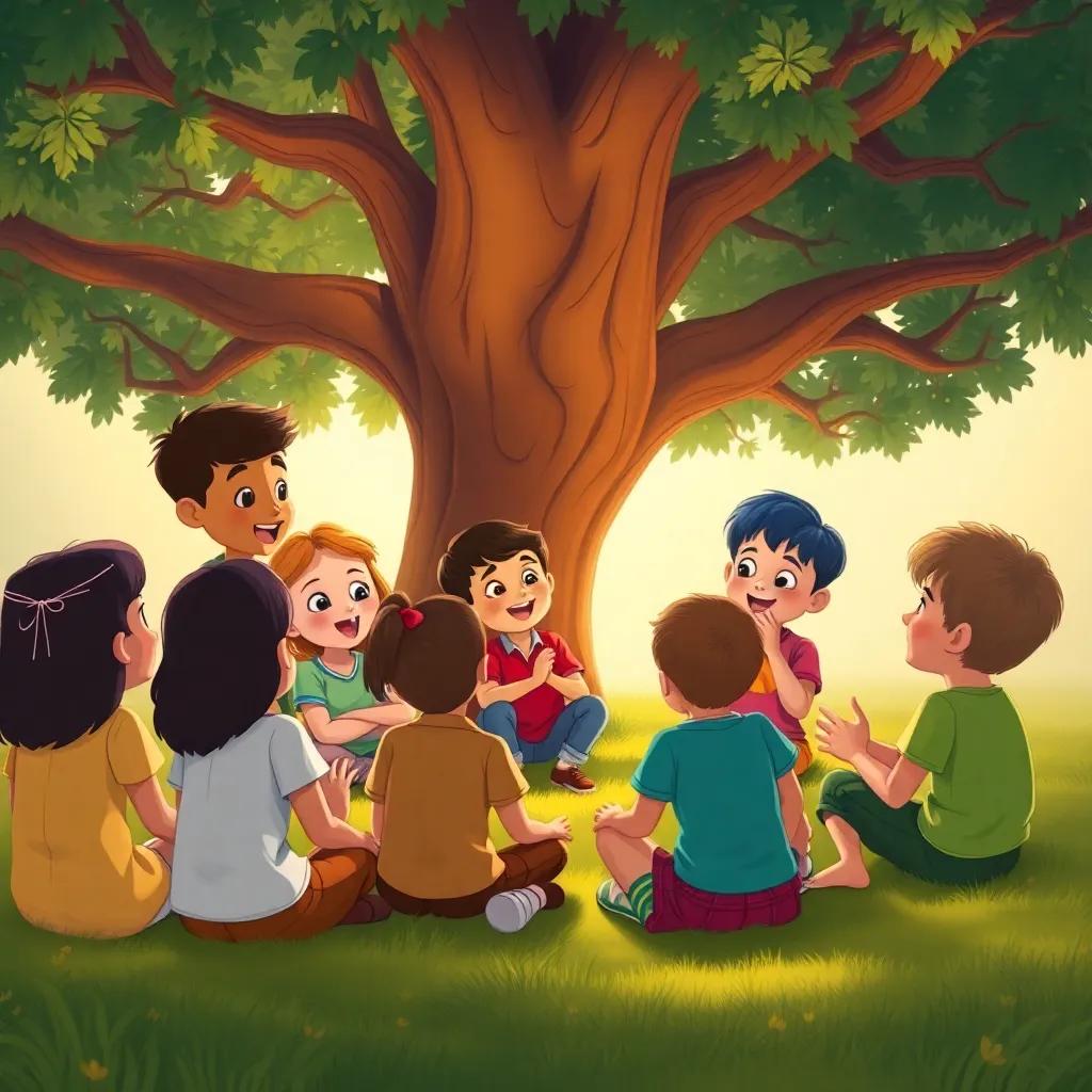 Children discussing the importance of kindness and generosity, sitting in a circle under a big tree, animated expressions showing excitement and engagement, warm light, informative, community-focused