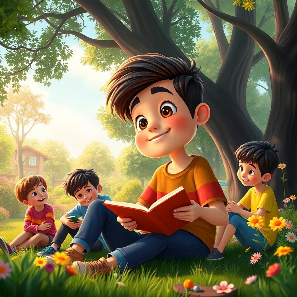 A portrait of Sami described as a kind boy sitting with his friends in a park, surrounded by trees and flowers, sharing stories of kindness, lively colors, inviting atmosphere