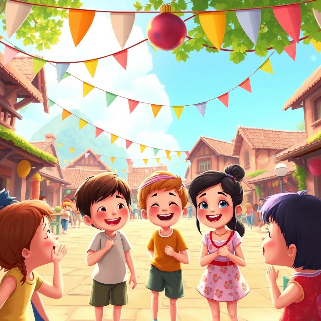 Children sharing smiles and joy in the village square, a spirit of festivity all around, colorful banners and decorations, cheerful gathering