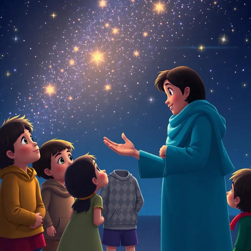 Sami encouraging another group of children to continue spreading kindness while the stars twinkle above, nighttime scene, magical, hopeful ambiance