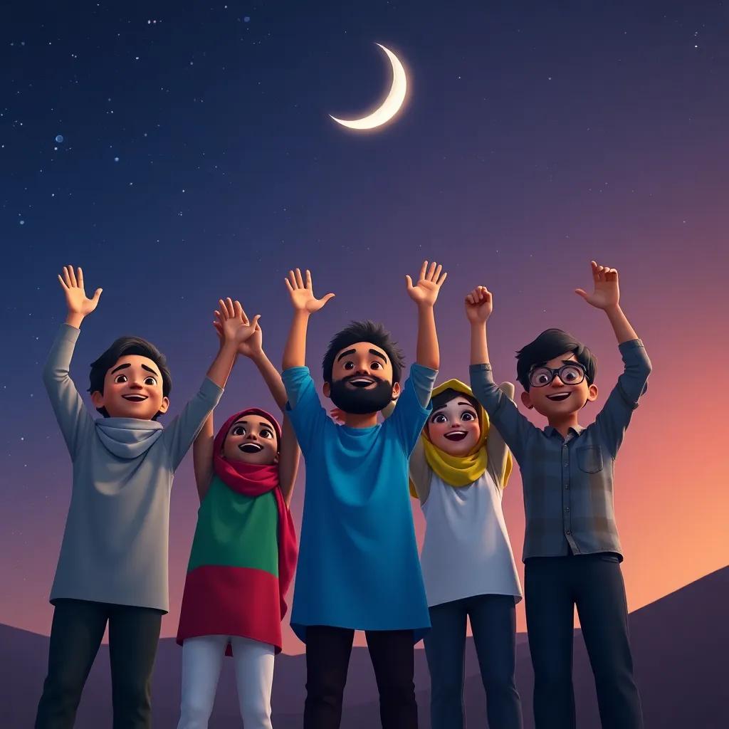 Sami and his friends standing together, under the night sky with a crescent moon, raising their hands together in unity and joy, heartwarming, emotional atmosphere