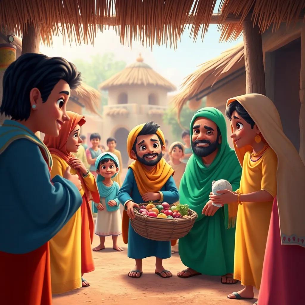A colorful scene of Sami and friends helping others in the village, with everyone coming together in harmony, vibrant colors, community spirit