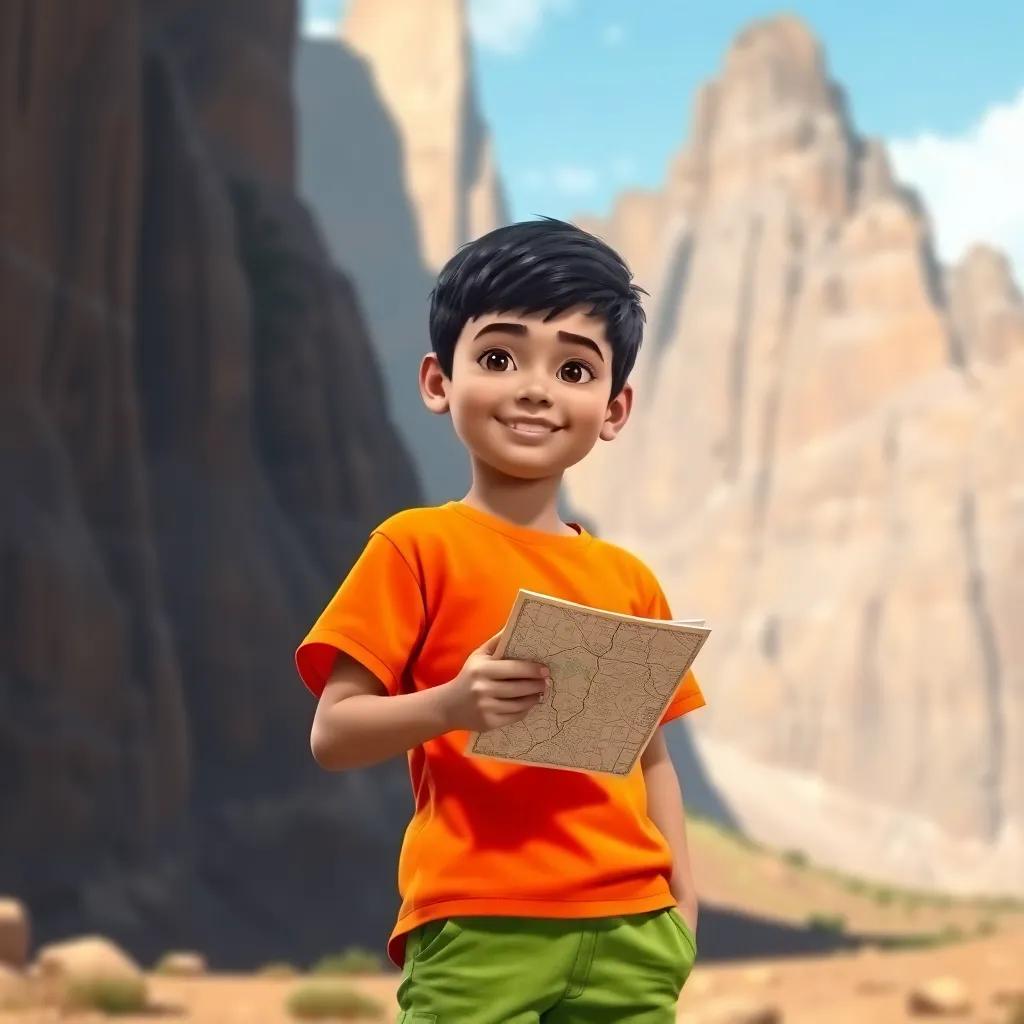 A young Arab boy, Sami, with short black hair, wearing a bright orange shirt and green shorts, standing at the foot of tall mountains with a map in hand, digital art, cheerful atmosphere, vibrant colors, adventurous perspective, high quality