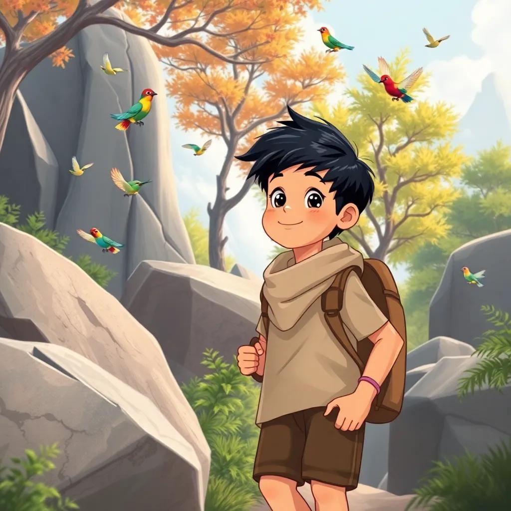 Sami, a young Arab boy with short black hair, hiking among large rocks and beautiful trees, with colorful birds flying around him, illustration, joyful, nature-themed, child-friendly