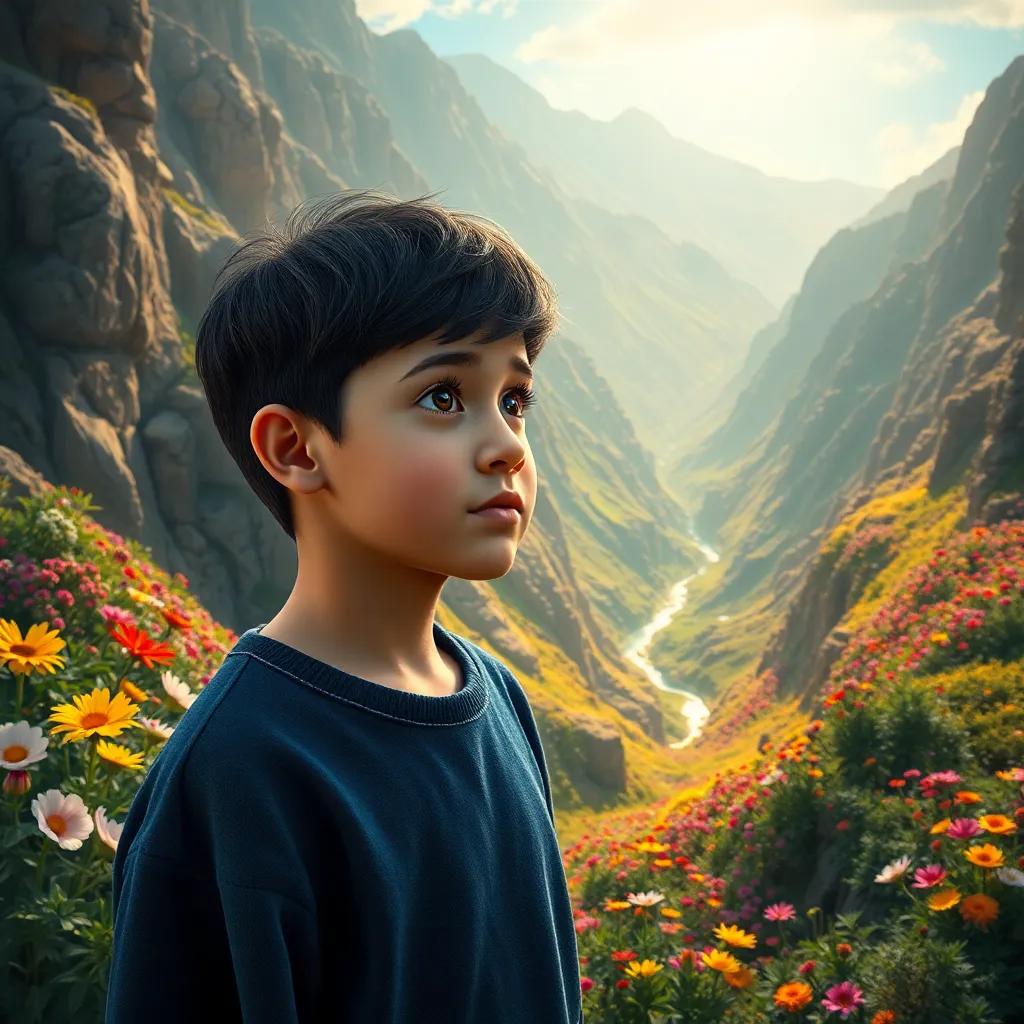 Sami, a young Arab boy with short black hair, looking amazed at a deep valley filled with colorful flowers and sunlight, surrounded by mountains, digital painting, whimsical, enchanting scenery, captivating atmosphere