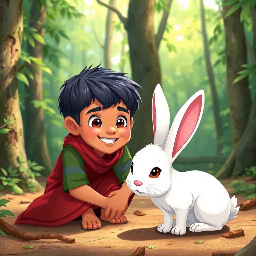 Sami, a young Arab boy with short black hair, kneeling beside a friendly white rabbit in the forest, both looking curious and happy, detailed illustration, cheerful, playful theme, bright colors