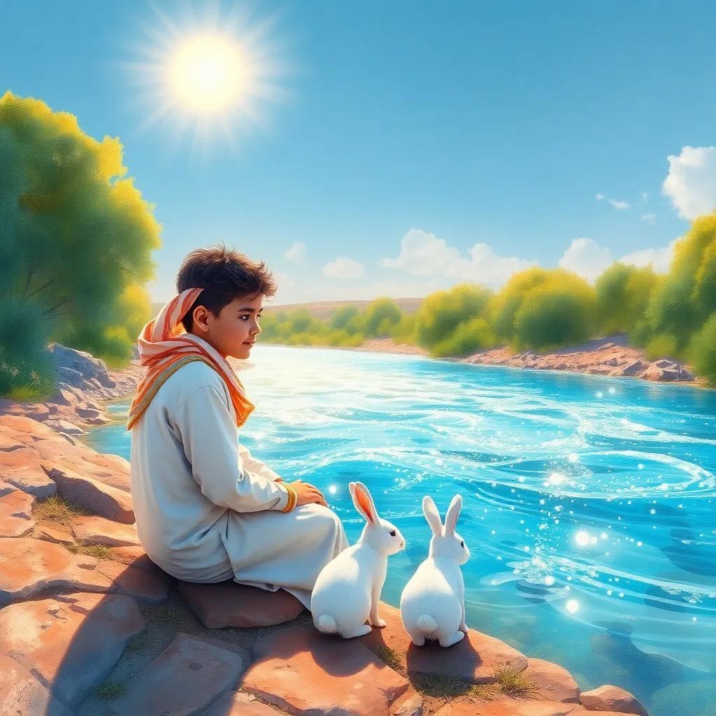 A beautiful river sparkling under the sun, with Sami, a young Arab boy, and a white rabbit sitting on the bank, enjoying the refreshing view, watercolor art, vibrant, peaceful atmosphere, inviting perspective
