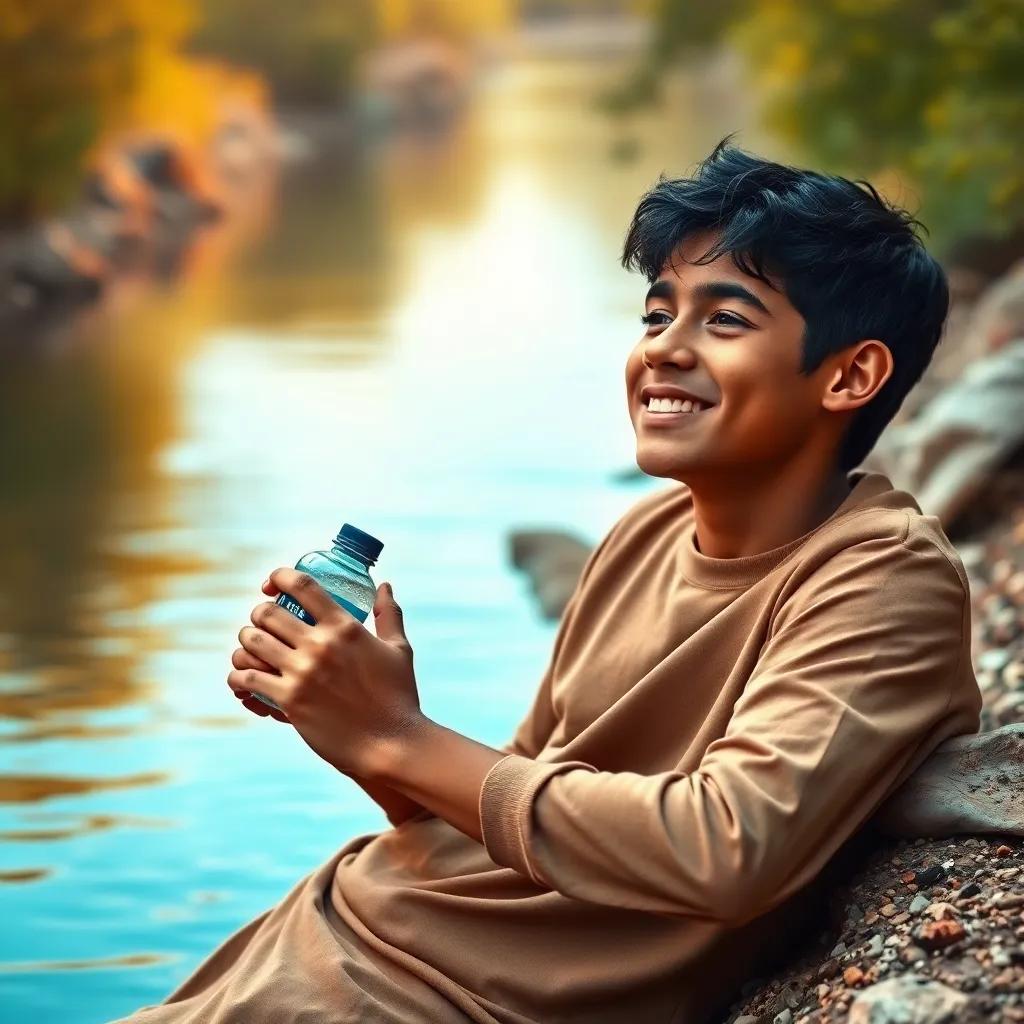 Sami, a young Arab boy with short black hair, relaxing on a riverbank with a water bottle, looking refreshed with a smile and surrounded by nature, digital art, warm colors, serene setting