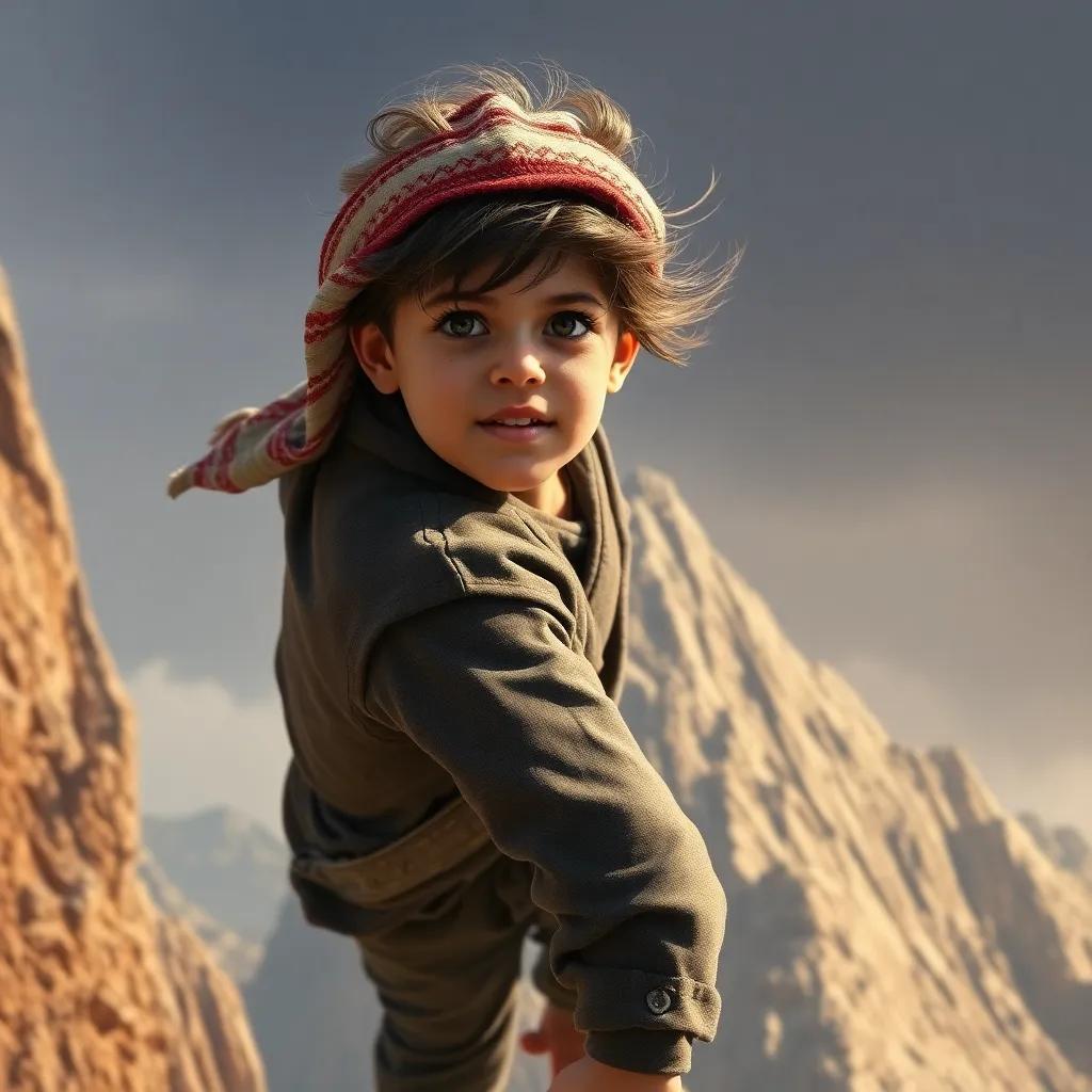 A young Arab boy, Sami, confidently climbing a tall mountain, with determination in his eyes and the wind blowing through his hair, digital painting, inspiring, adventurous vibe, high quality