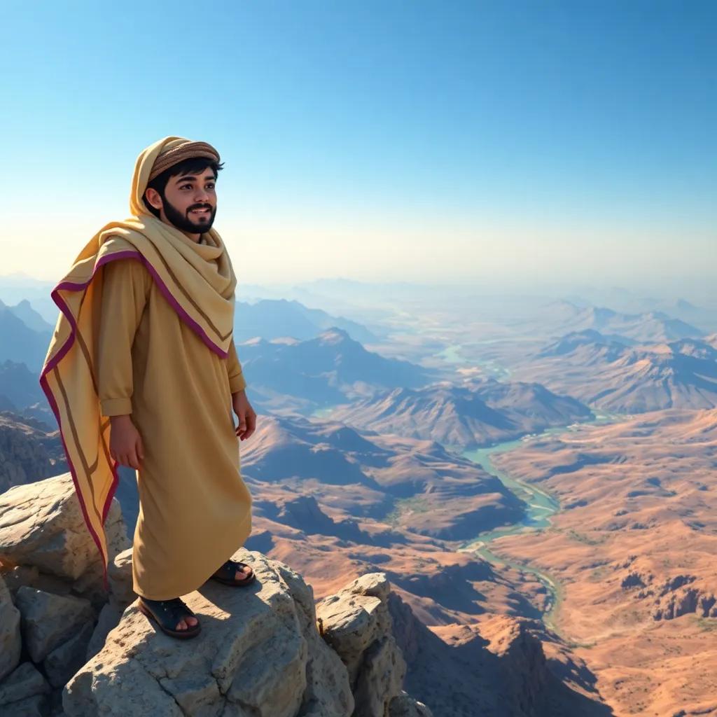Sami, a young Arab boy on top of a high mountain, with a breathtaking view of valleys and rivers below, feeling proud and accomplished, illustration, stunning, vast landscape, uplifting imagery