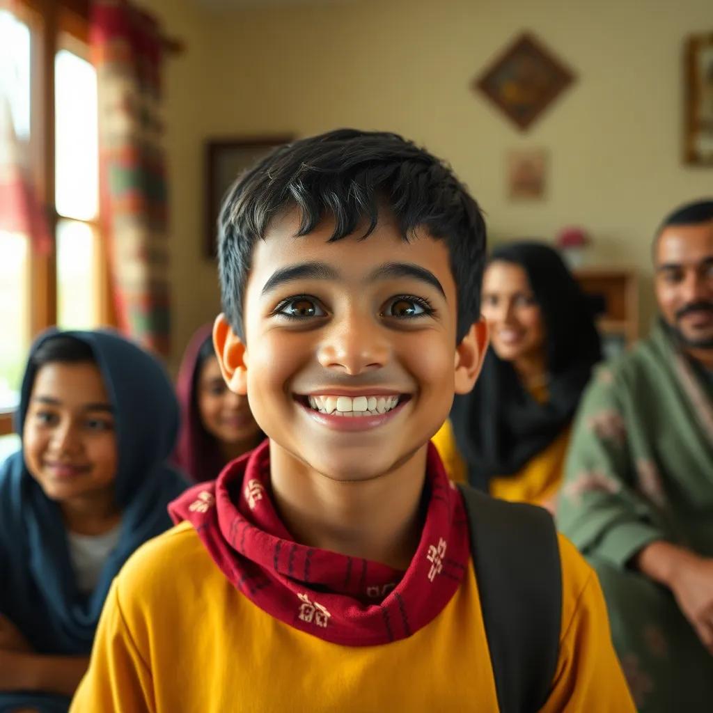 Sami, a young Arab boy with short black hair, returning home with a big smile, sharing stories of his adventure with his family, warm and cozy home setting, colorful, cheerful mood