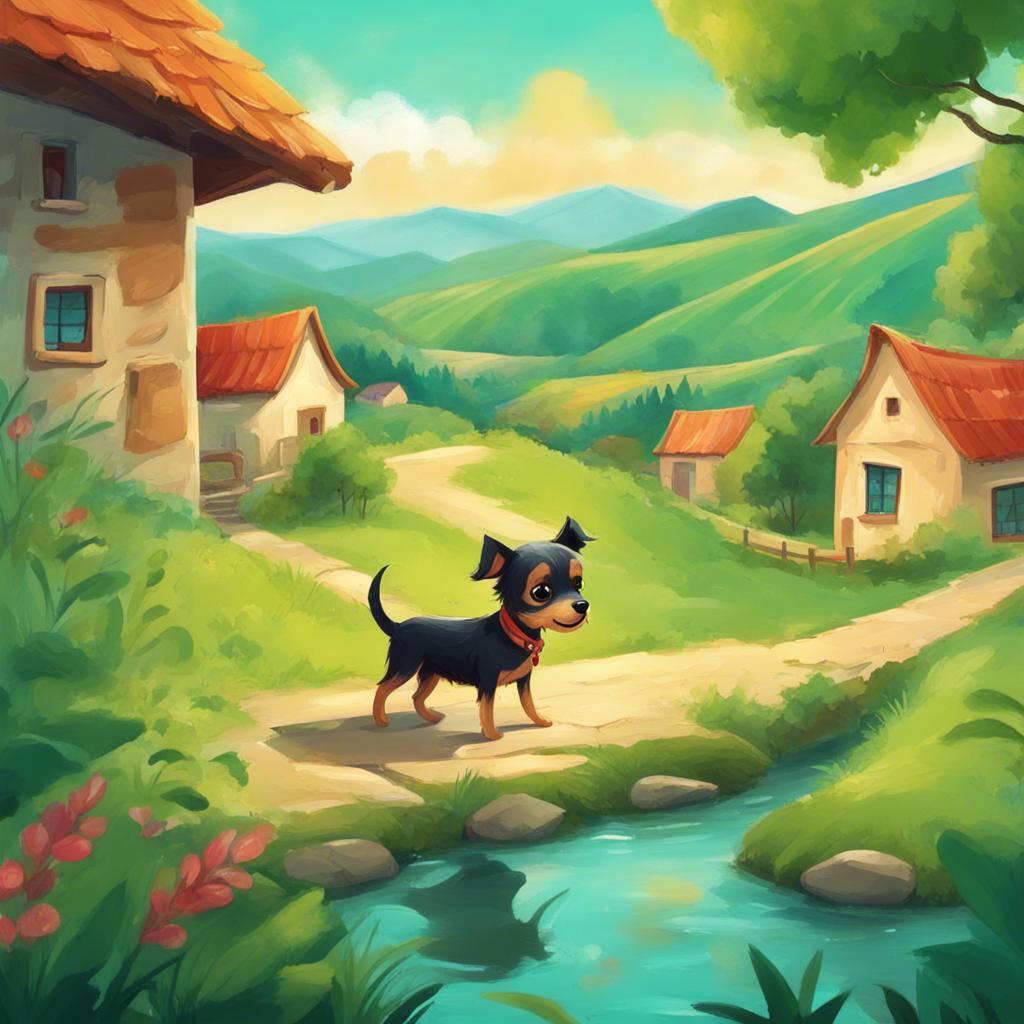 A small dog searching for food in a green beautiful village, surrounded by hills and rivers, cheerful atmosphere, digital art, vibrant colors, storytelling scene, high quality