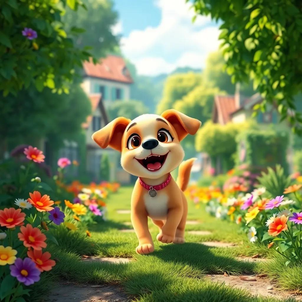 A small, happy dog with a wagging tail, exploring a lush green village, looking excited and curious, bright sunshine, colorful flowers along the path, cheerful atmosphere, digital art, vibrant colors, playful perspective, high quality