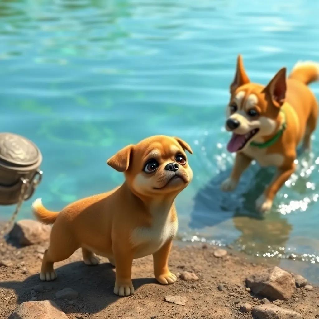 A small, greedy dog looking sad, standing at the edge of a river, with big puppy eyes, watching a larger dog happily running away with food, clear blue water reflecting sunlight, realistic style, emotional scene, high quality