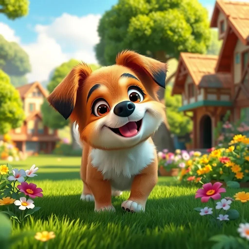 A small dog named Max, a playful and eager-looking dog with fluffy fur, exploring a green village filled with trees and flowers, sunny day, vibrant colors, cheerful atmosphere, happy expressions