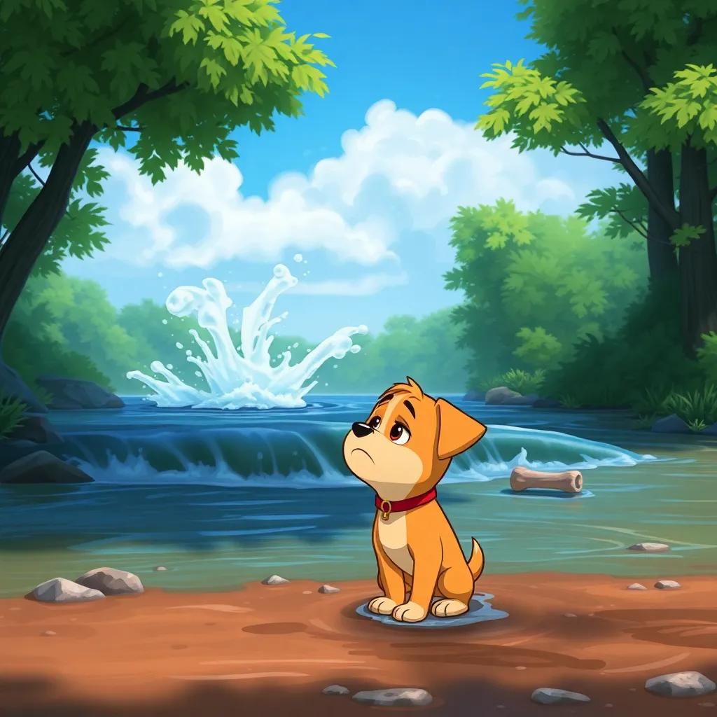 Max, the small dog looking sad and wet as he stands by a flowing river with a splash of water, realizing he lost his big bone, surrounded by green trees and blue sky, emotional and bright scenes, child-friendly art.